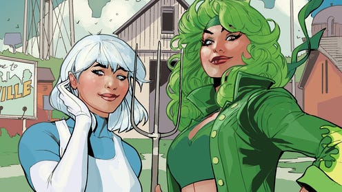 Cropped Terry Dodson cover featuring Fire and Ice in a parody of American Gothic