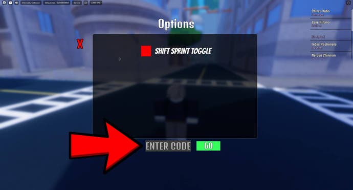 The settings menu in Fire Force Online with an arrow pointing to the field for entering codes.