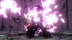 A purple glow appears around a character powering up in Roblox game Fire Force Online.