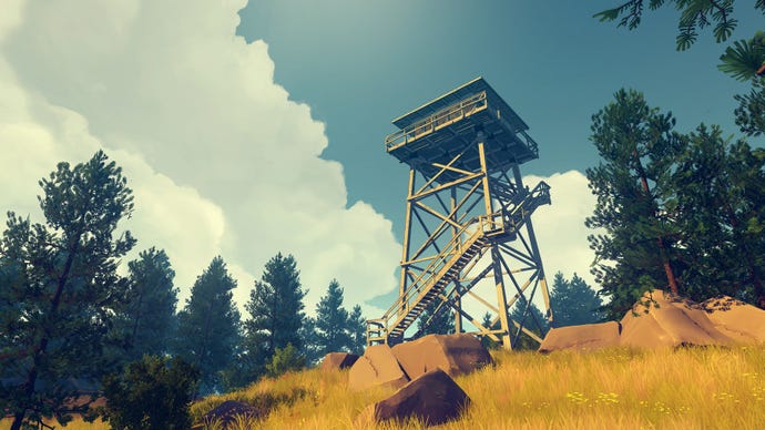 The Two Forks Lookout station watch tower in Firewatch, viewed from the forest floor below.