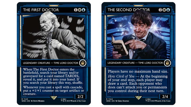 The First and Second Doctor cards from the Magic: The Gathering x Doctor Who.