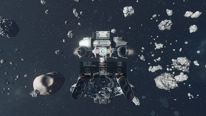 Image of the player's spaceship docking with a civilian ship in Starfield.