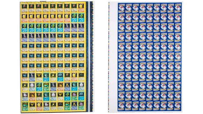 Uncut sheet of first-edition shadowless Pokemon cards