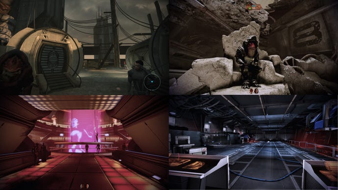 A collection of images from the Mass Effect Legendary Edition first-person mod. In clockwise order: the colony on Feros in ME1, Wrex sat on his rocky throne in Tuchanka in ME2, the Omega Afterlife nightclub in ME2, and the cargo bay on the Normandy in ME3.