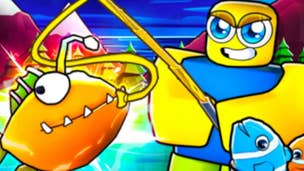 Artwork for Roblox game Fishing Frenzy Simulator showing a character catching a fish.