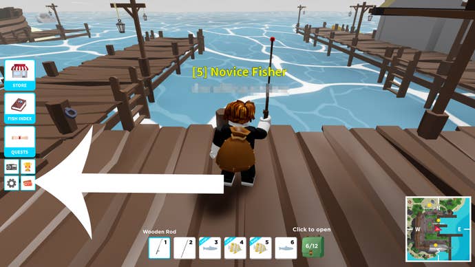 Arrow pointing at the button players need to press to redeem a code in Fishing Simulator.