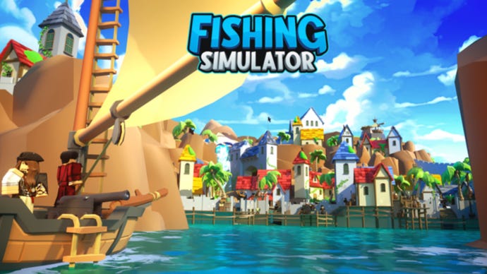 Artwork for Roblox game Fishing Simulator showing characters on a boat and an island in the distance.