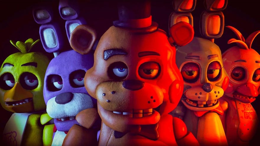 The Five Nights at Freddy's animatronics lined up