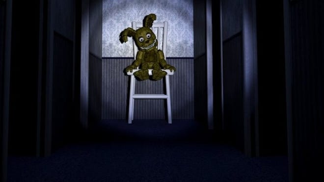 A small Spring Bonnie sits on a stool