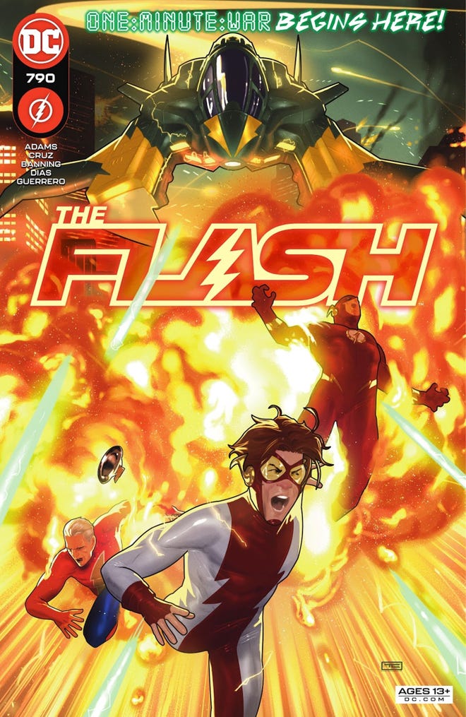 The cover to Flash 790. A large explosion catches Impulse, the Flash, and Jay Garrick in its blast.