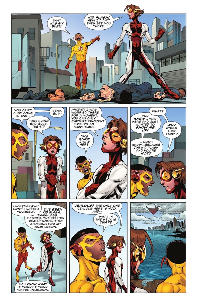 A page from The Flash 790. Kid Flash and Impulse argue expressively.