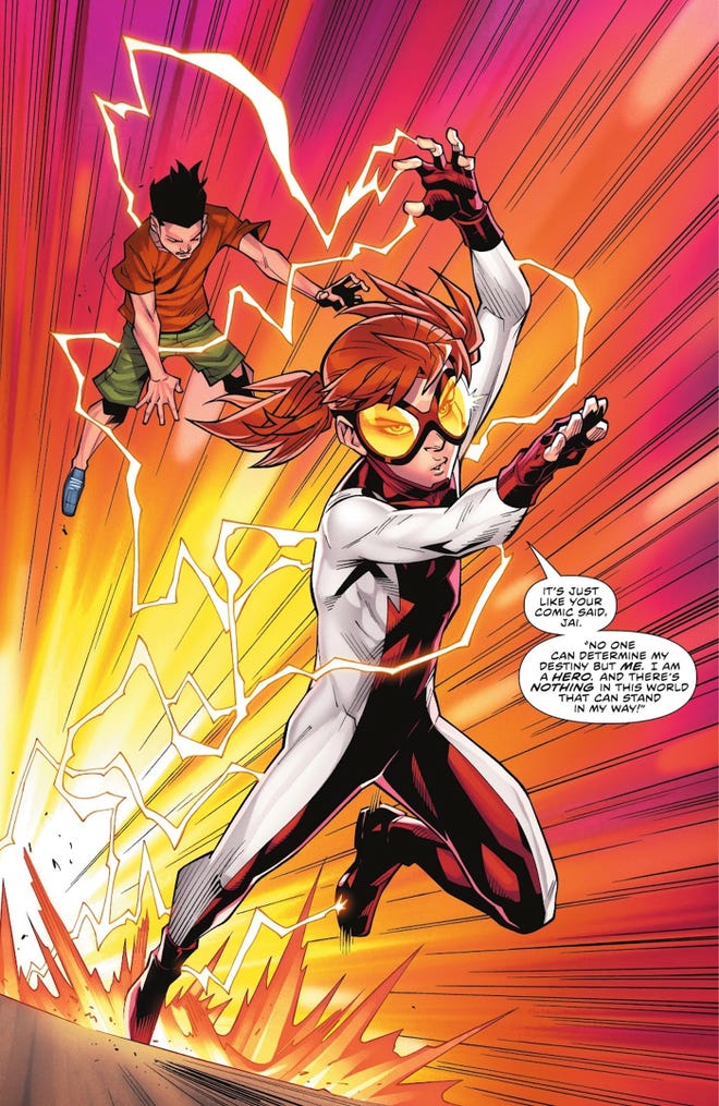 A splash page from The Flash 794 with a yellow and orange background. Irey West runs forward in her red and white Impulse costume. Her brother floats behind her in regular clothing.