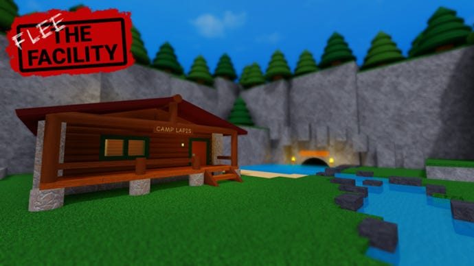 A Roblox map featuring a cabin in the woods, with a sign on the wall reading "Camp Lapis". Title text reads "Flee the Facility".