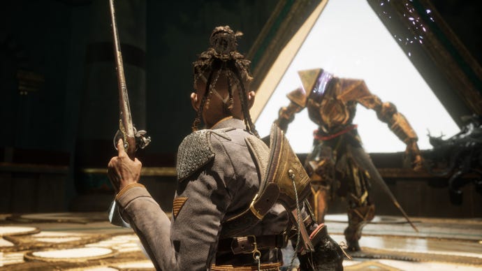 Nor faces off against a golden sentinel boss in Flintlock: The Siege Of Dawn.