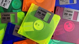 A scattering of neon 3.5-inch floppy disks.