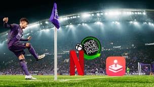 A football playing in Football Manager 24 taking a corner kick with the Xbox Game Pass, Netflix and Apple Arcade logos