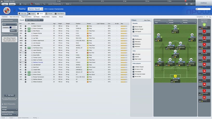 The football manager 2012 tactics screen, with Reading's team lined up and ready to go.