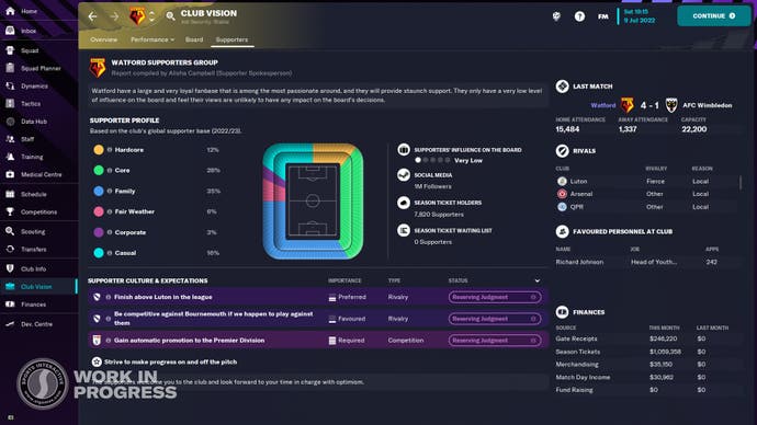 FM23 review - athe Fan Sentiment tab showing a stadium with colour-coded outline indicating share of hardcore, casual and other fans.