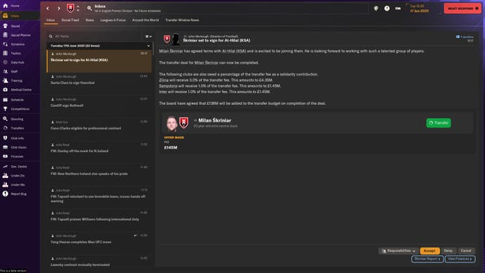 FM24 screenshot of the confirmation page of selling Skriniar for £145m