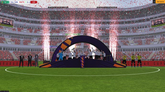 FM24 screenshot of my Manchester United side's trophy ceremony in the FA Cup