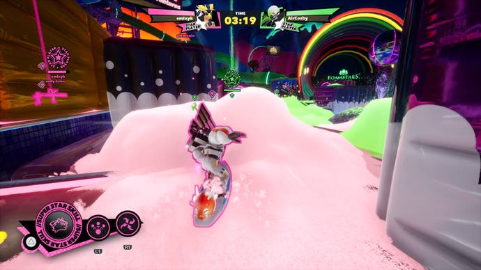 Jet Justice surfs on foam in a multiplayer battle from a Foamstars screenshot.