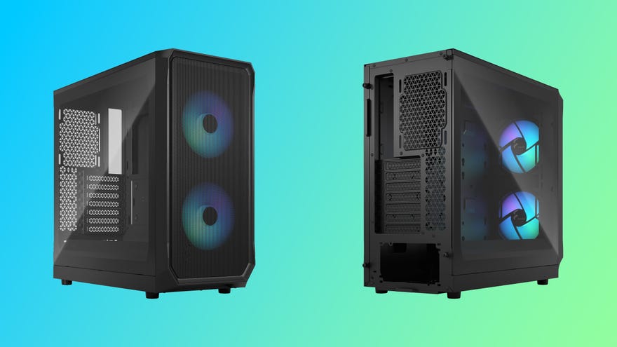 Fractal Design Focus 2 RGB pc case, shown front/left and back/right, on a coloured background