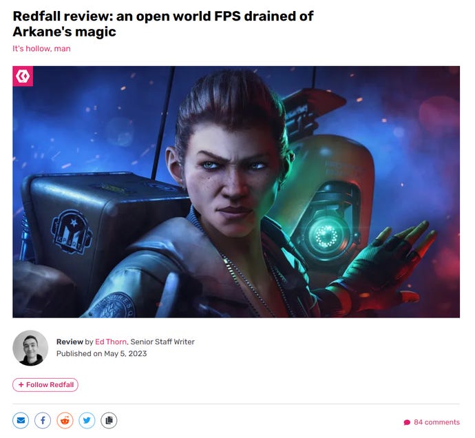 The RPS article page for Redfall, highlighting the new follow button