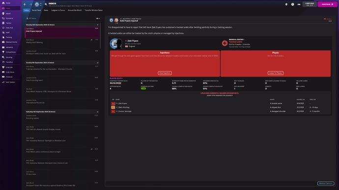 The injury screen in Football Manager 2022