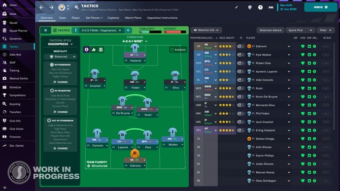 FM23 review - the tactics screen showing Man City players, largely unchanged from previous years.