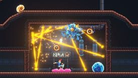 A player kicks a ricocheting football at some blue slimes in Footgun Underground.