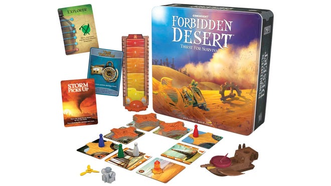 Forbidden Desert family board game box and gameplay layout