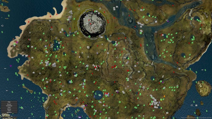 An overhead map screen with lots of small icons in The Forest