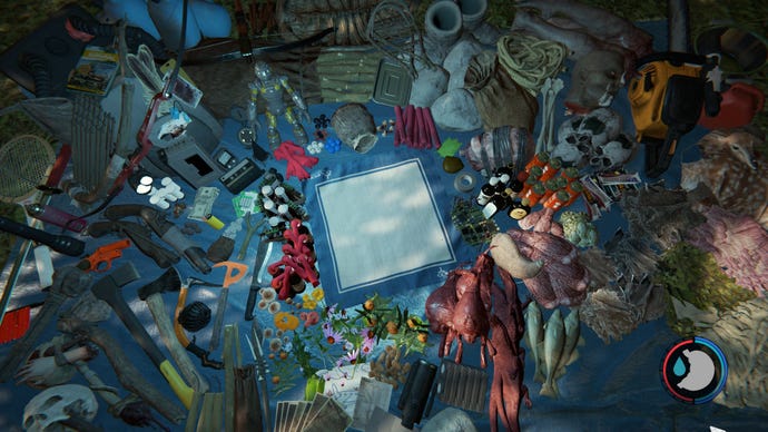 A room packed with an assortment of different items all laid out on the floor in The Forest