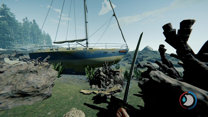 A landlocked boat surrounded by coral in The Forest
