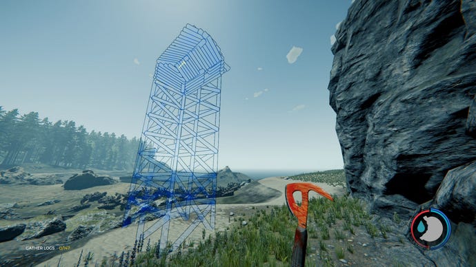 A coastal scene in The Forest where the player is working out where to place the blueprint for a tower