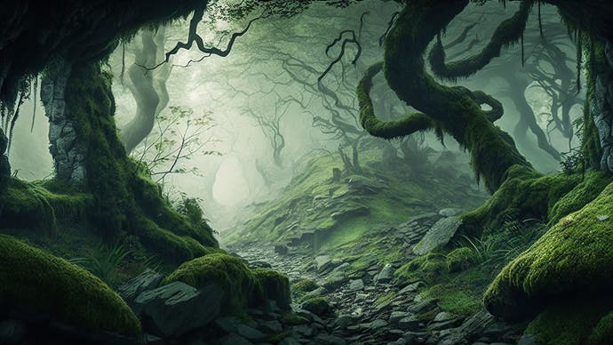 An image of a creepy forest, trees all twisted and gnarled.