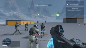 Marines doing battle in a flat, undecorated test level created with Halo Infinite's Forge AI tools
