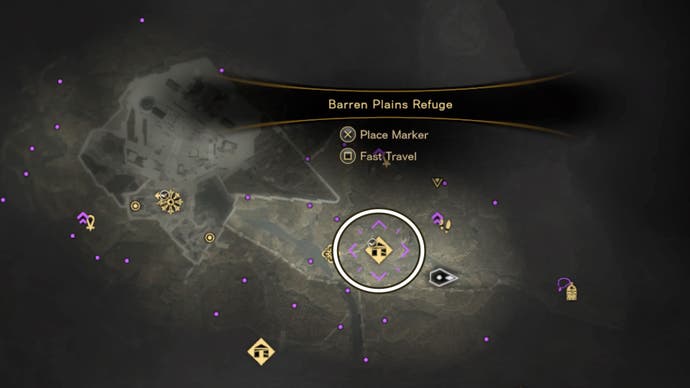 Forspoken, a view of the area map with a circle around a discovered Pilgrims Refuge.