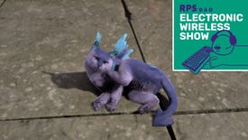 A magical purple cat in Forspoken, lounging on a grey paving slab, with the Electronic Wireless Show green podcast logo superimposed on the top right corner