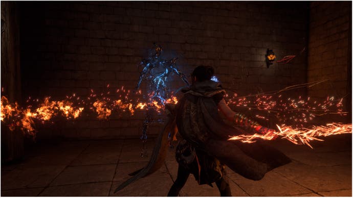 Forspoken, Frey is using Tanta Sila's fire-based magic sword to attack a Nightmare at cornered in the base of the tower.