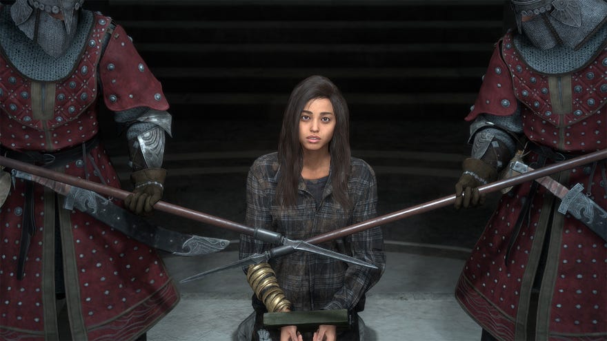 Frey, the main character from Forspoken, kneels in front of two guards with sharp spears