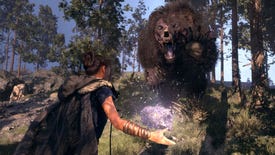 A screenshot of Forspoken, showing the protagonist in the ground facing a way and wielding some sort of elemental magic as she faces down a charging mutant bear-like creature.