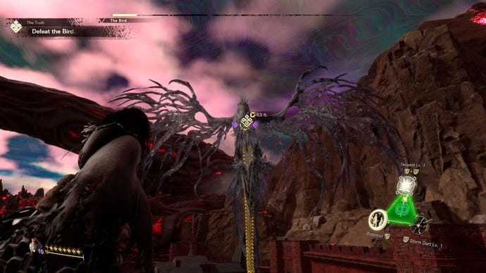 Frey observing a mini boss enemy in forspoken, a kind of huge wyvern with tattered wings