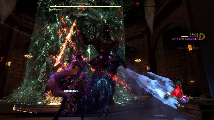 Frey attacking a large enemy in Forspoken. It resembles a weaponised statue of lady justice