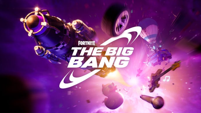 Fortnite Bing Bang start time: A large missile is flying through space, illuminated by purple and gold light