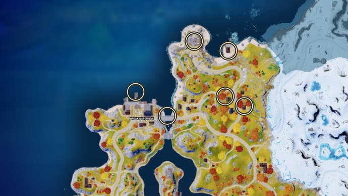 Fortnite, eine Kartenansicht der Breakwater Bay mit allen möglichen Oathbound -Brustorten umkreist