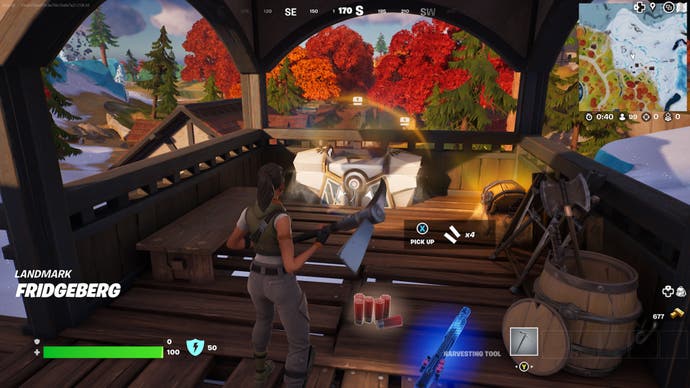 Fortnite, brutale Bastion Oathbound Brust Nummer zwei in einem kleinen hölzernen Wachtturm