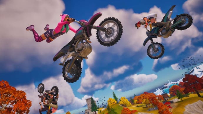 Fortnite, official Epic Games image of two players on motorbikes that are in mid-air.