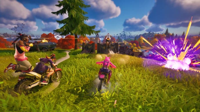 Fortnite, official Epic Games image of characters riding into battle on Motorbikes in Chapter Four.
