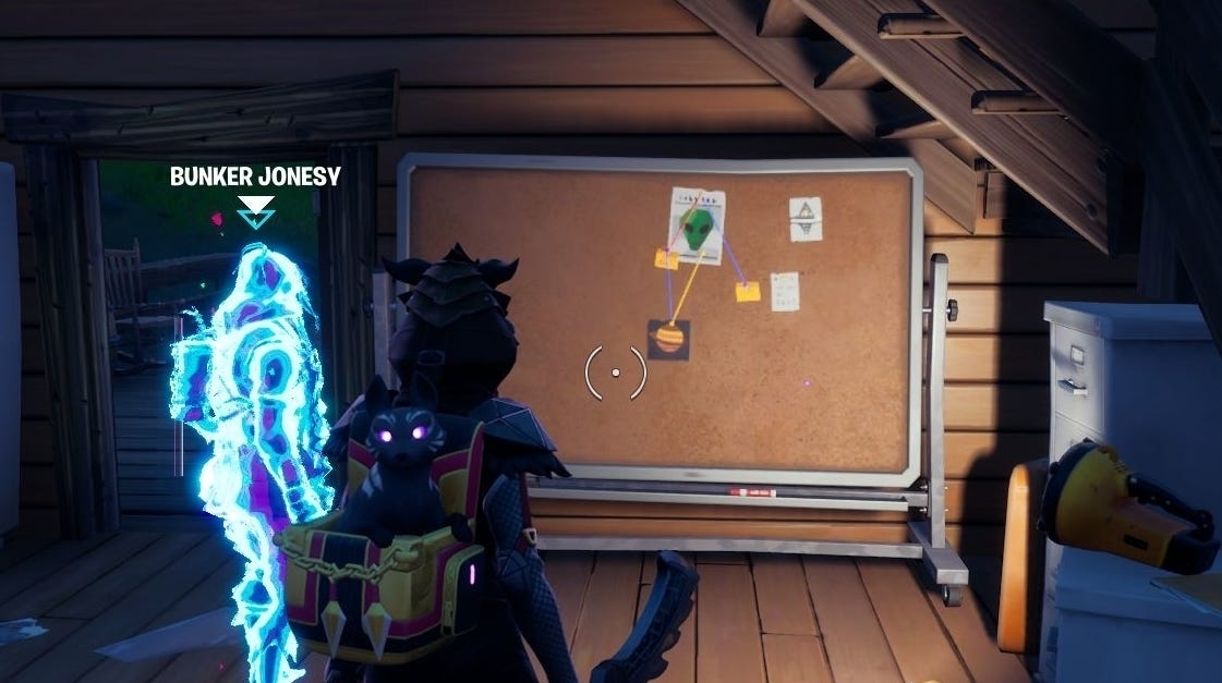 Fortnite Bunker Jonesy's conspiracy board location Where to interact